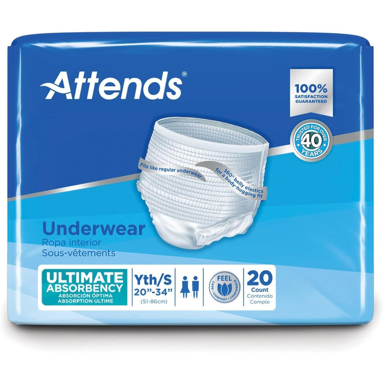 Youth underwear package, ultimate absorbency, size 20–34"; 20-count disposable briefs