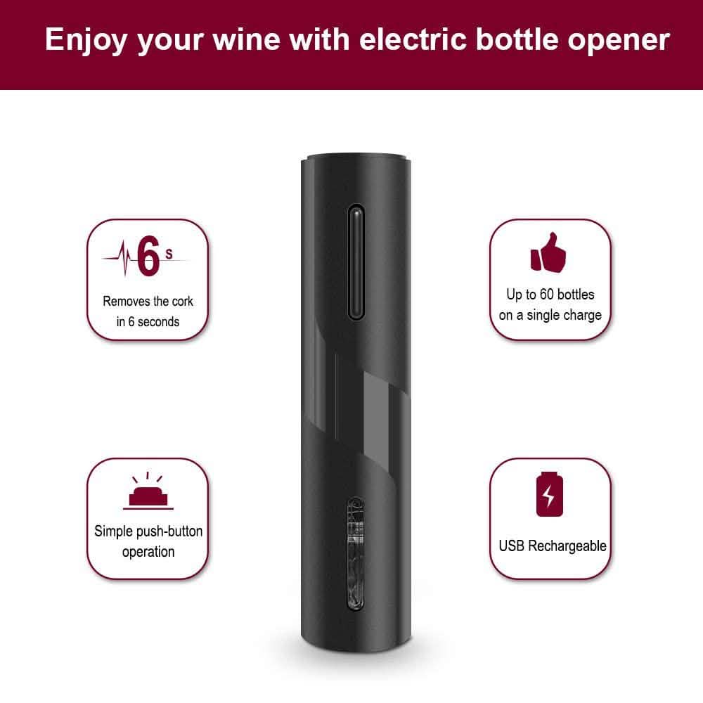 Automatic wine bottle corkscrew opener, black cylinder with built-in button