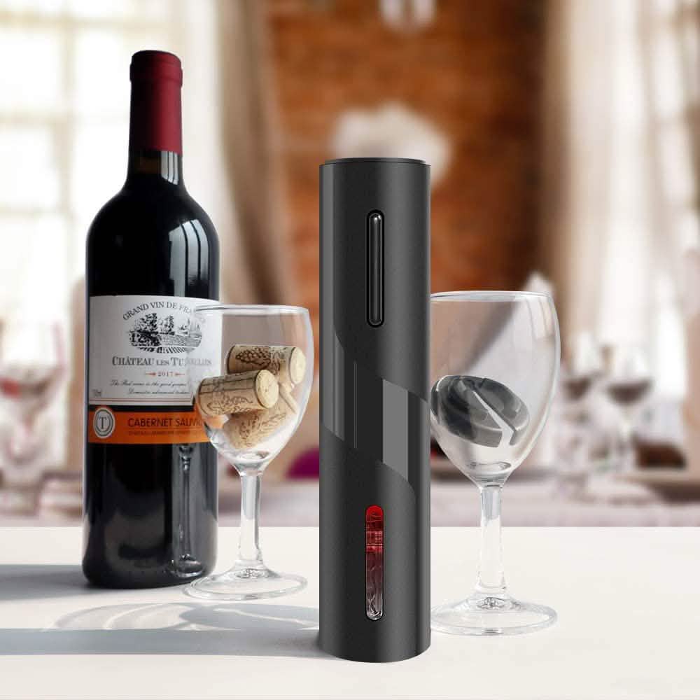 Automatic wine bottle corkscrew opener with dark gray body and pull tool