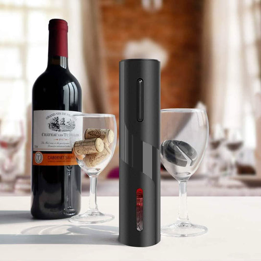 Automatic wine bottle corkscrew opener with dark gray body and pull tool