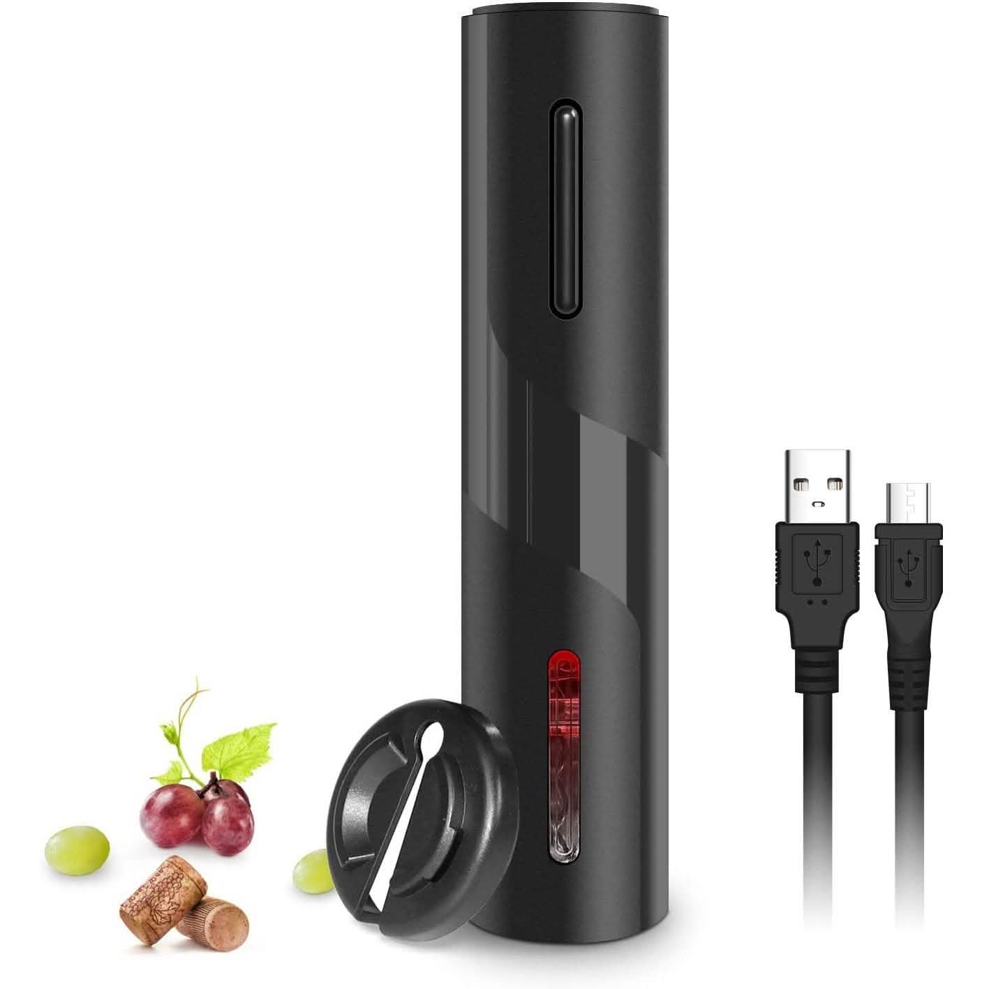 Automatic wine bottle corkscrew opener, dark gray cylinder with red power indicator window