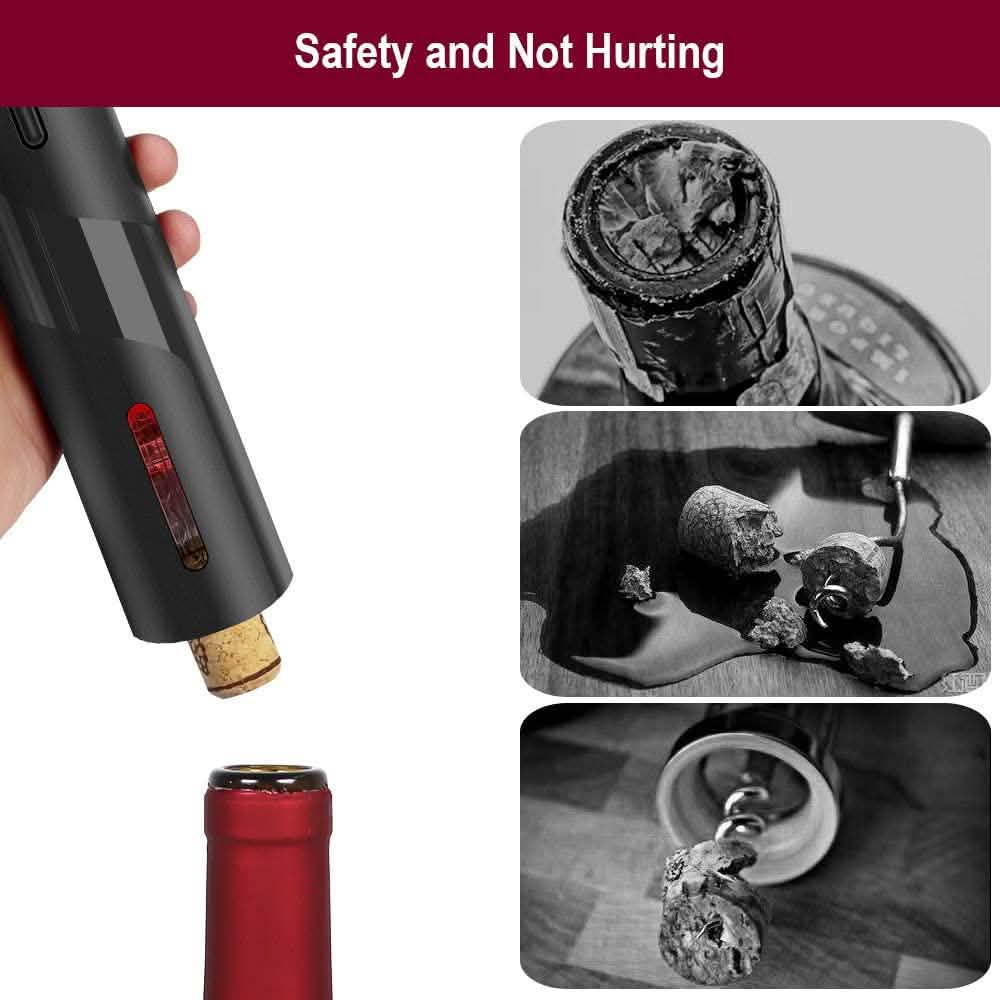 Automatic wine bottle corkscrew opener, dark gray base with red indicator and corkscrew