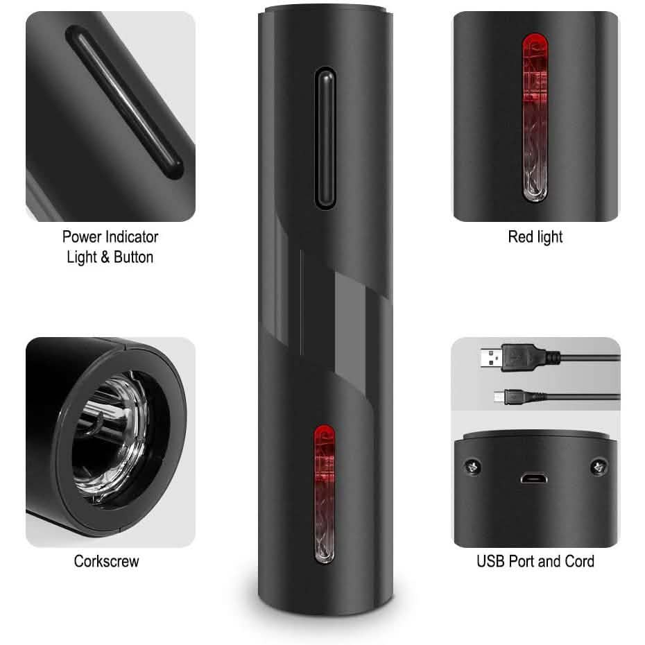Automatic wine bottle corkscrew opener details: red indicator light and USB port