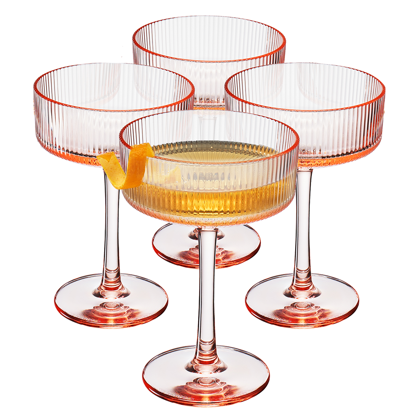 Set of 4 acrylic coupe glasses with ribbed amber-tinted bowls and matching bases