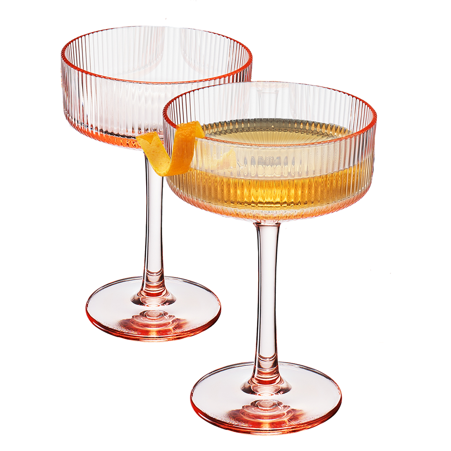Ribbed acrylic champagne coupe glass with amber rim and stemmed base