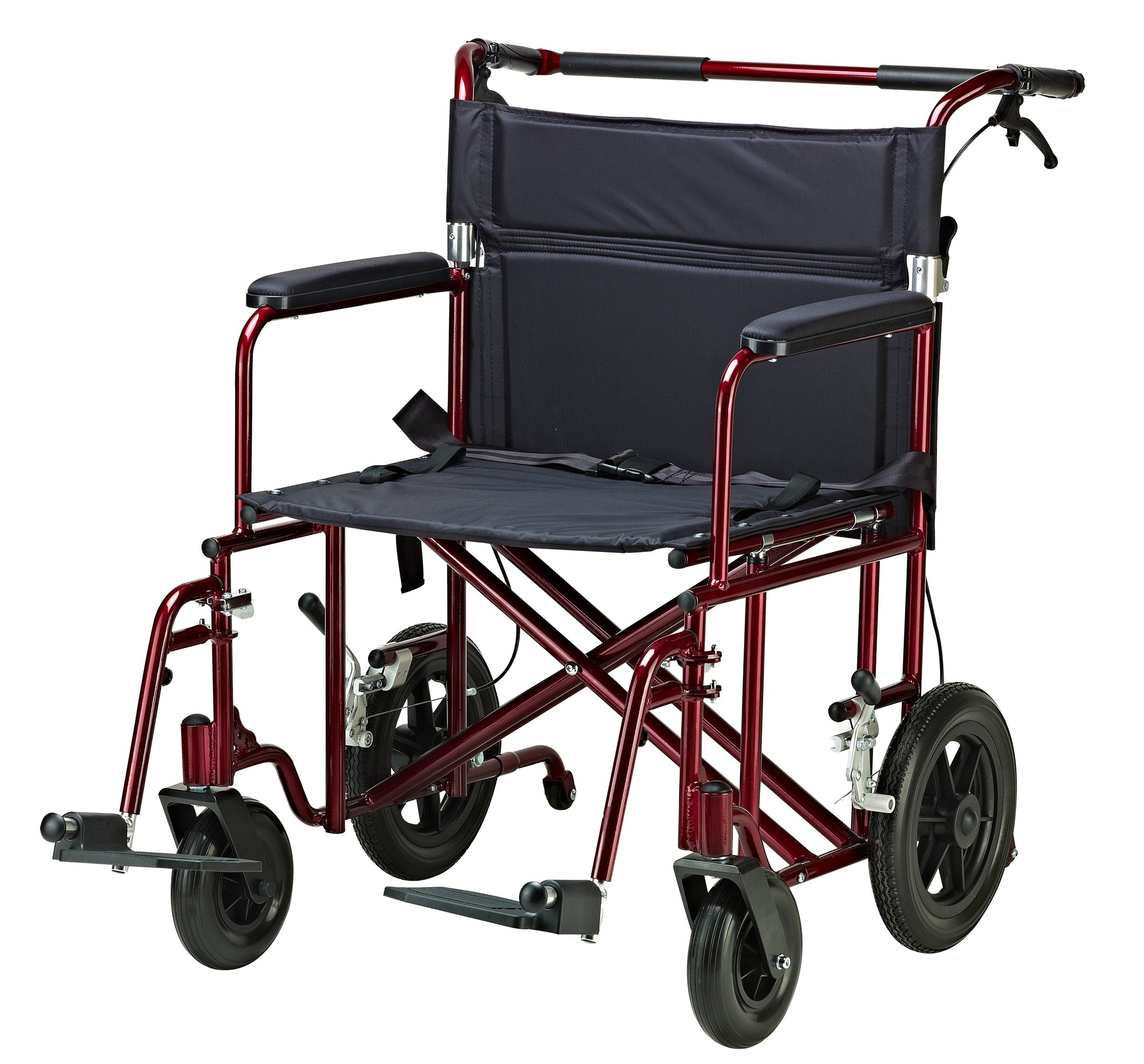 Bariatric transport wheelchair, dark seat and back, red frame, large wheels, swing-away footrests