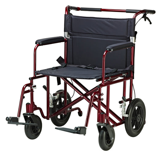 Bariatric transport wheelchair, dark seat and back, red frame, large wheels, swing-away footrests