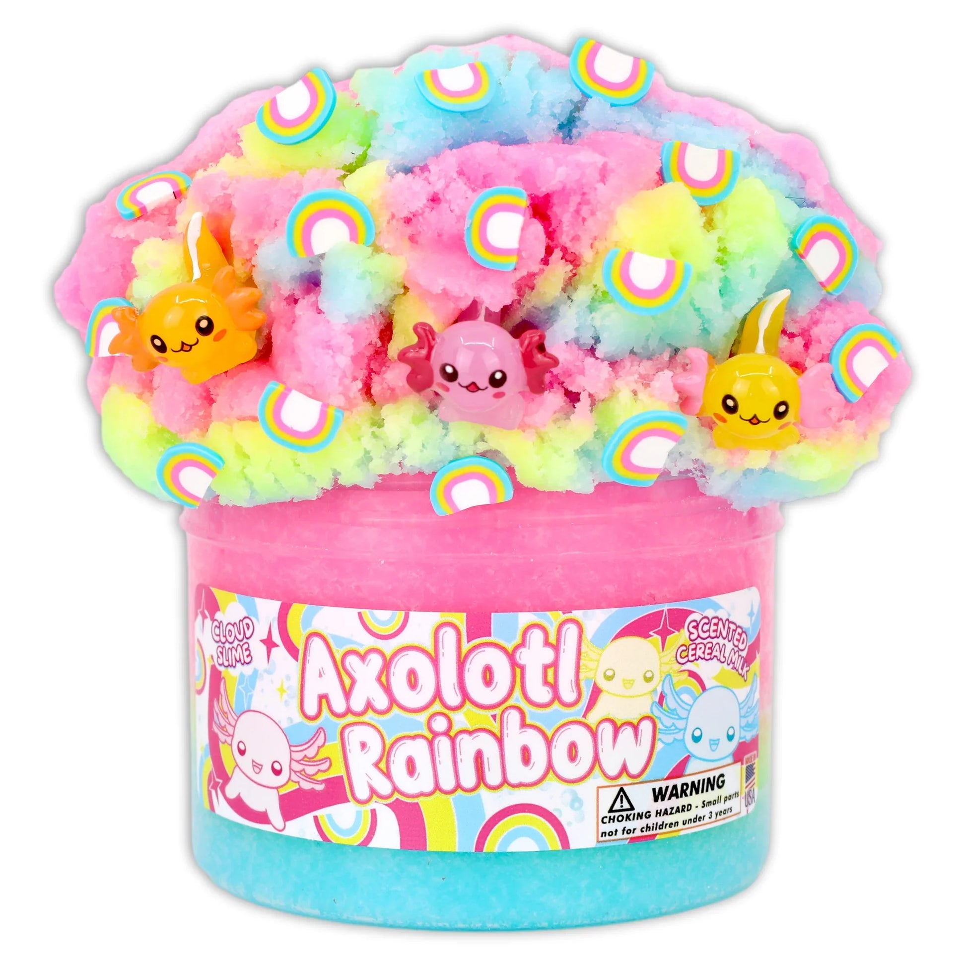 Rainbow slime tub with pastel pink, blue, and green fluffy texture plus cute charms