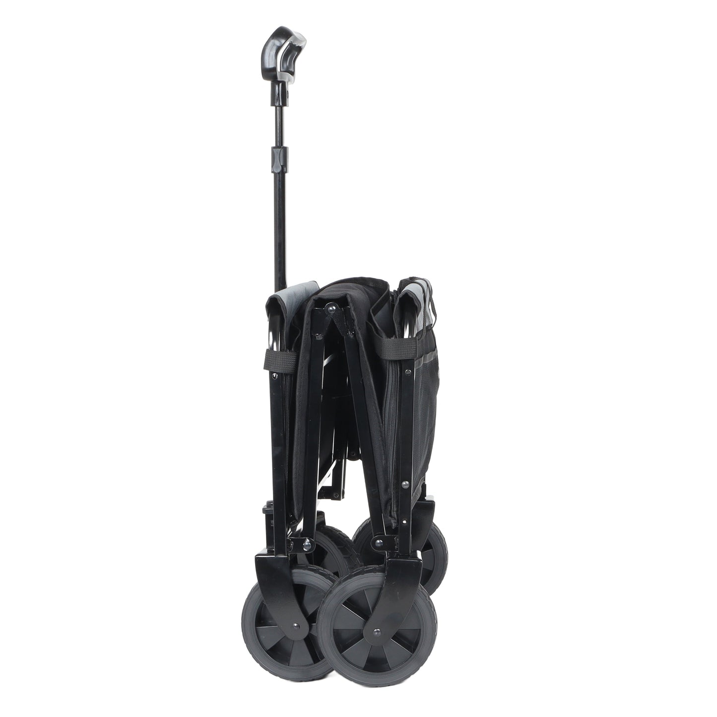 Collapsible utility wagon with black fabric body, gray accents, and four swivel wheels