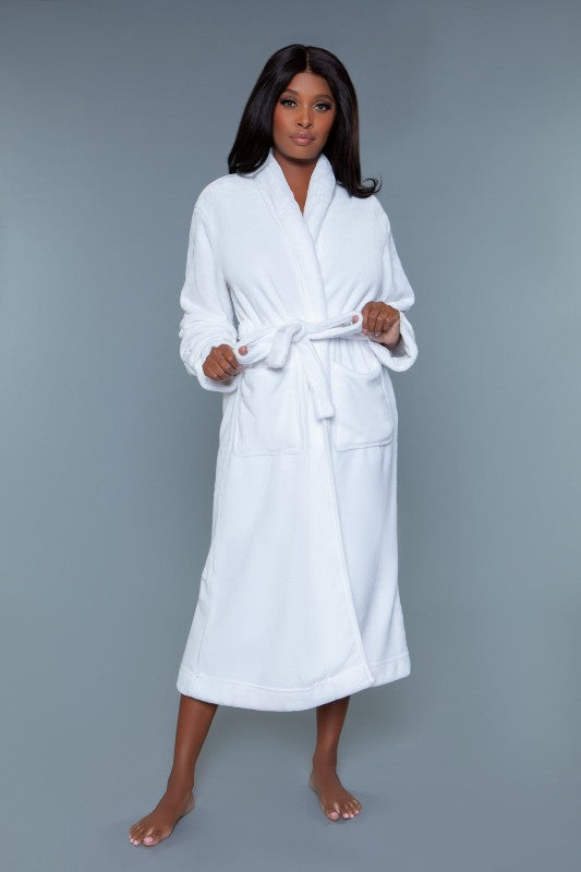White plush robe front view with shawl collar, belt tie, and long sleeves