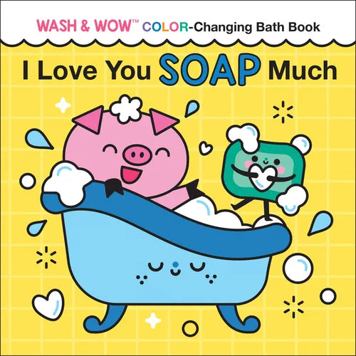 Color-changing bath book cover with cartoon pig in a blue tub and soap bubbles