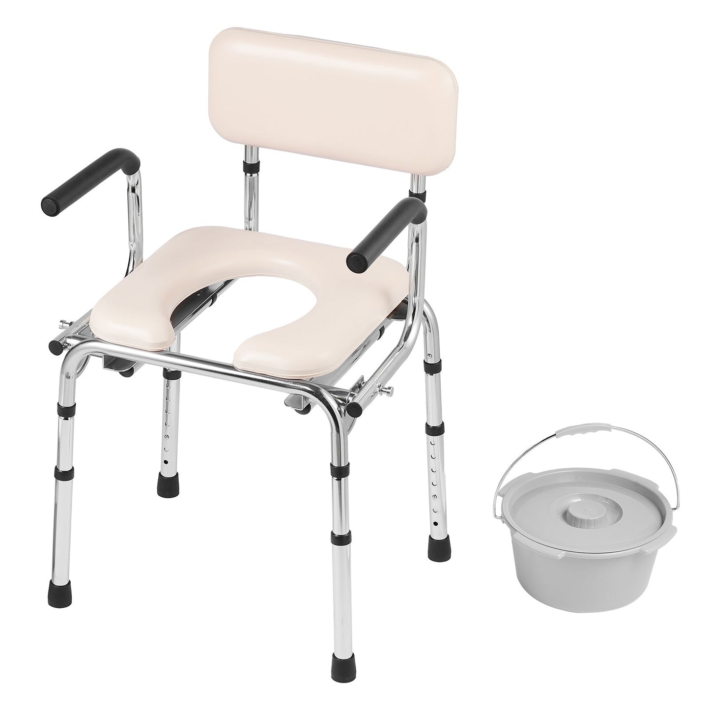Adjustable commode chair with beige padded seat, backrest, and drop-down armrests