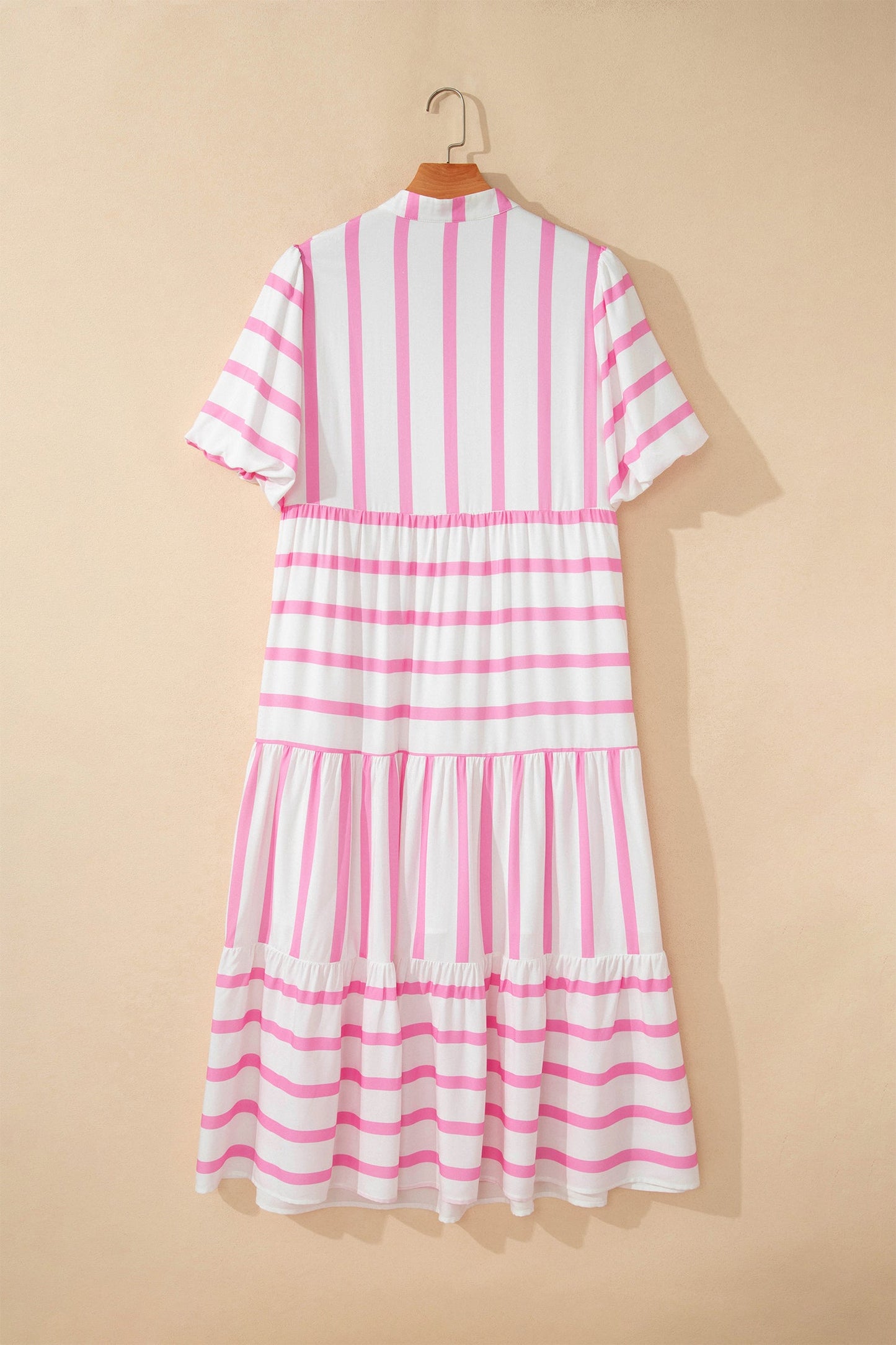 Pink-and-white striped tiered maxi dress with gathered skirt ruffles and short sleeves