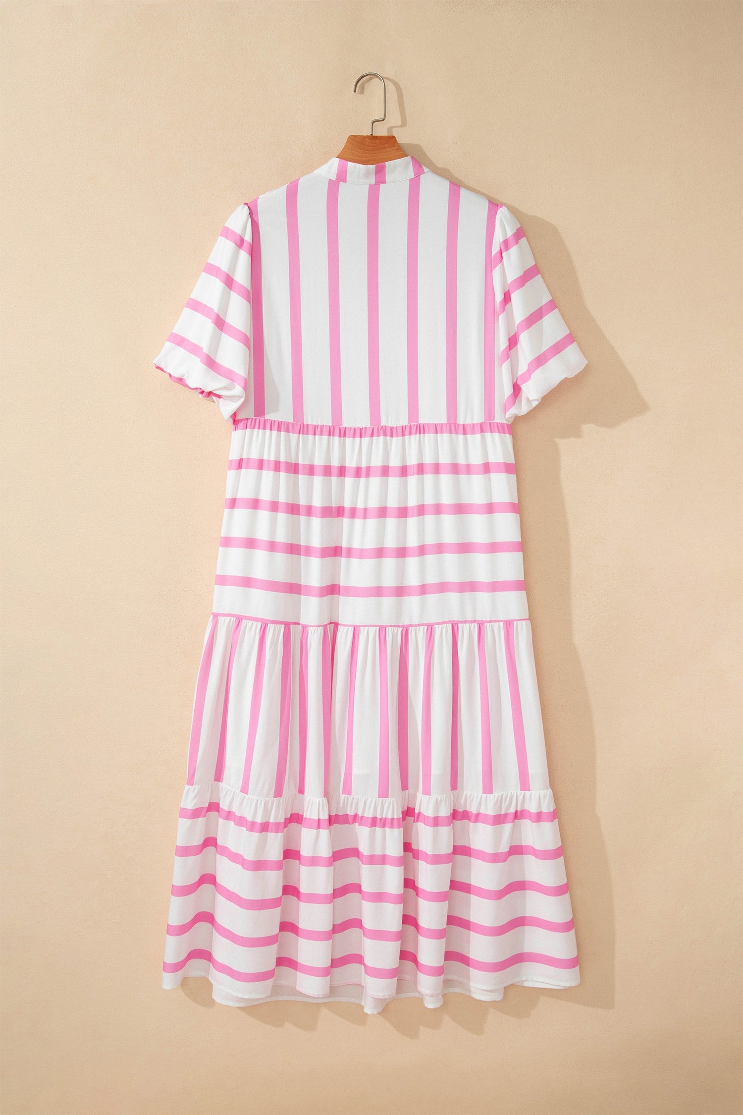 Pink-and-white striped tiered maxi dress with gathered skirt ruffles and short sleeves