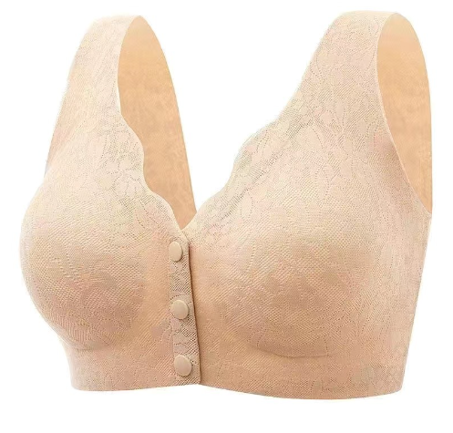 Nude lace front-button nursing bra with V-neck cups and soft padding