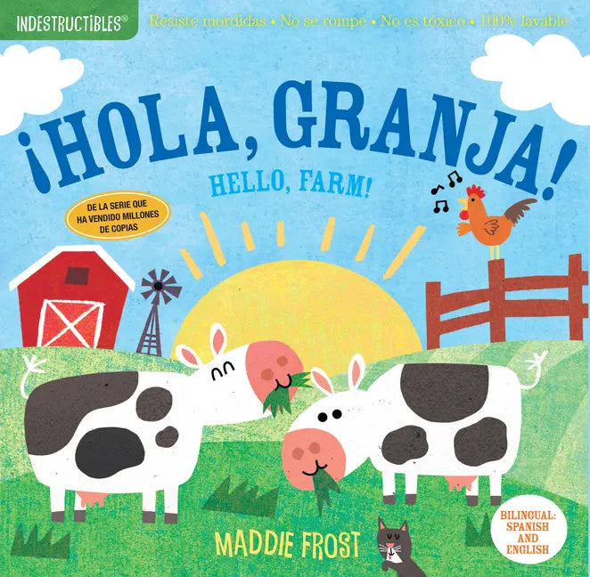 Bilingual farm-themed board book cover with cow, dog, chicken and text ¡Hola, Granja!