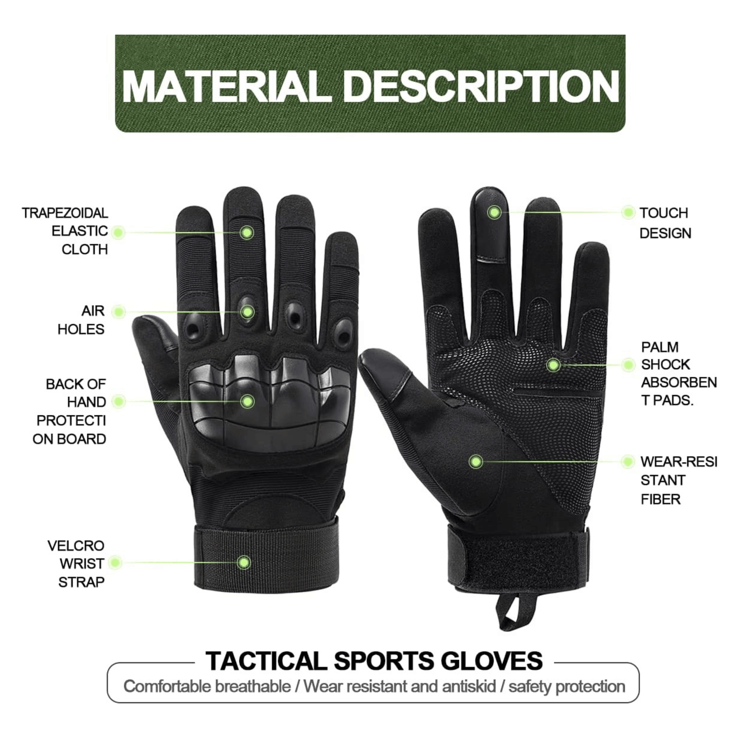 Black tactical glove diagram showing padded knuckles and textured palm surface