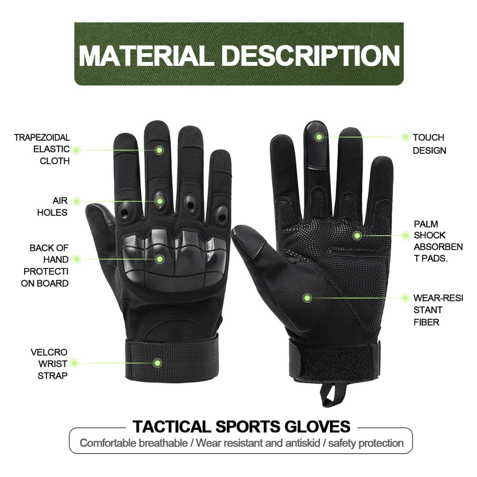 Black tactical glove diagram showing padded knuckles and textured palm surface