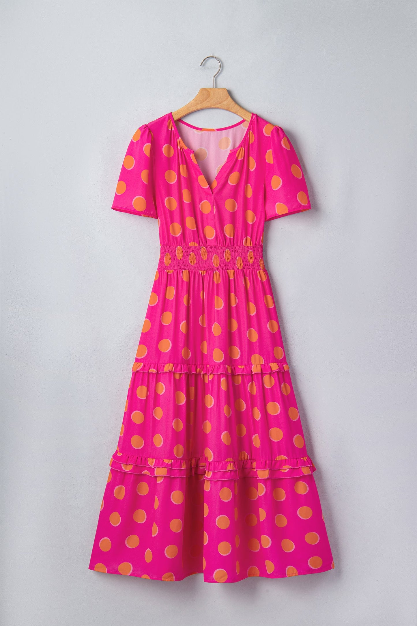 Rose high-waist tiered midi dress with yellow dot print, V-neck, short sleeves