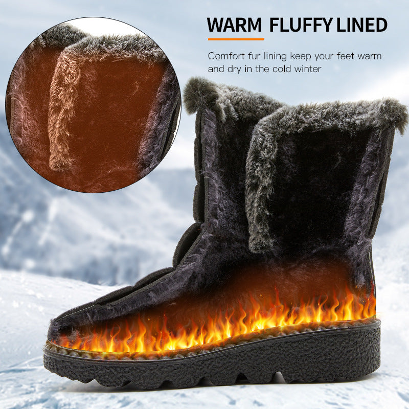 Black snow boot with faux-fur lining and padded upper, thick textured platform outsole