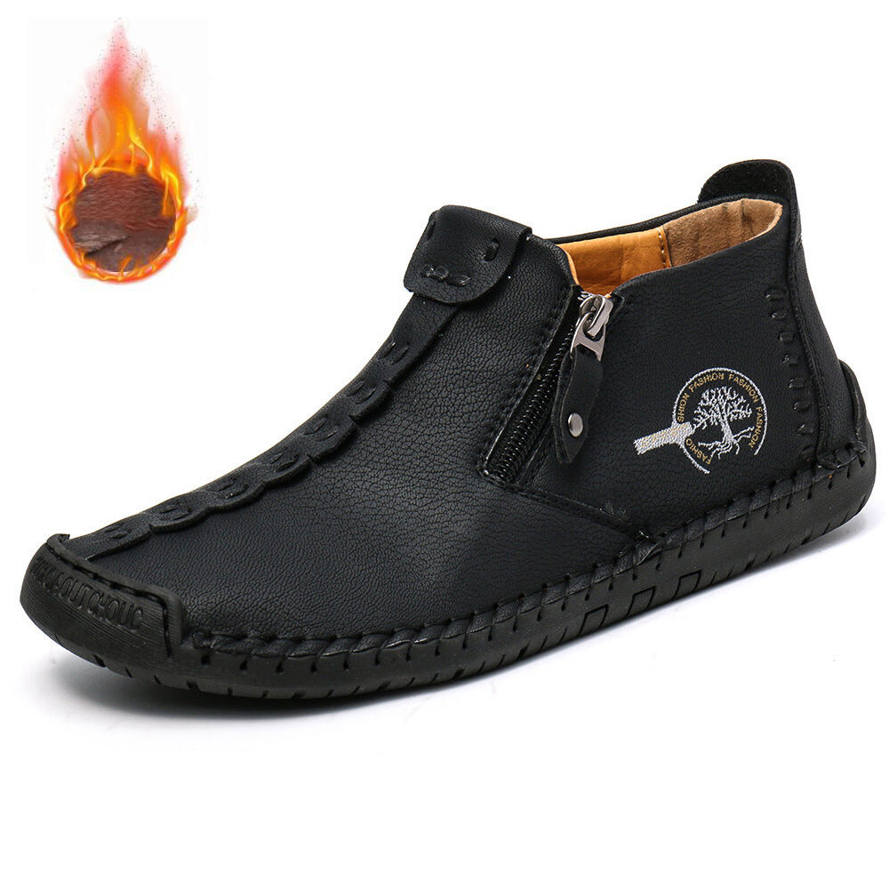 Men's fleece-lined zip-up padded boots, black leather upper, stitched tread sole