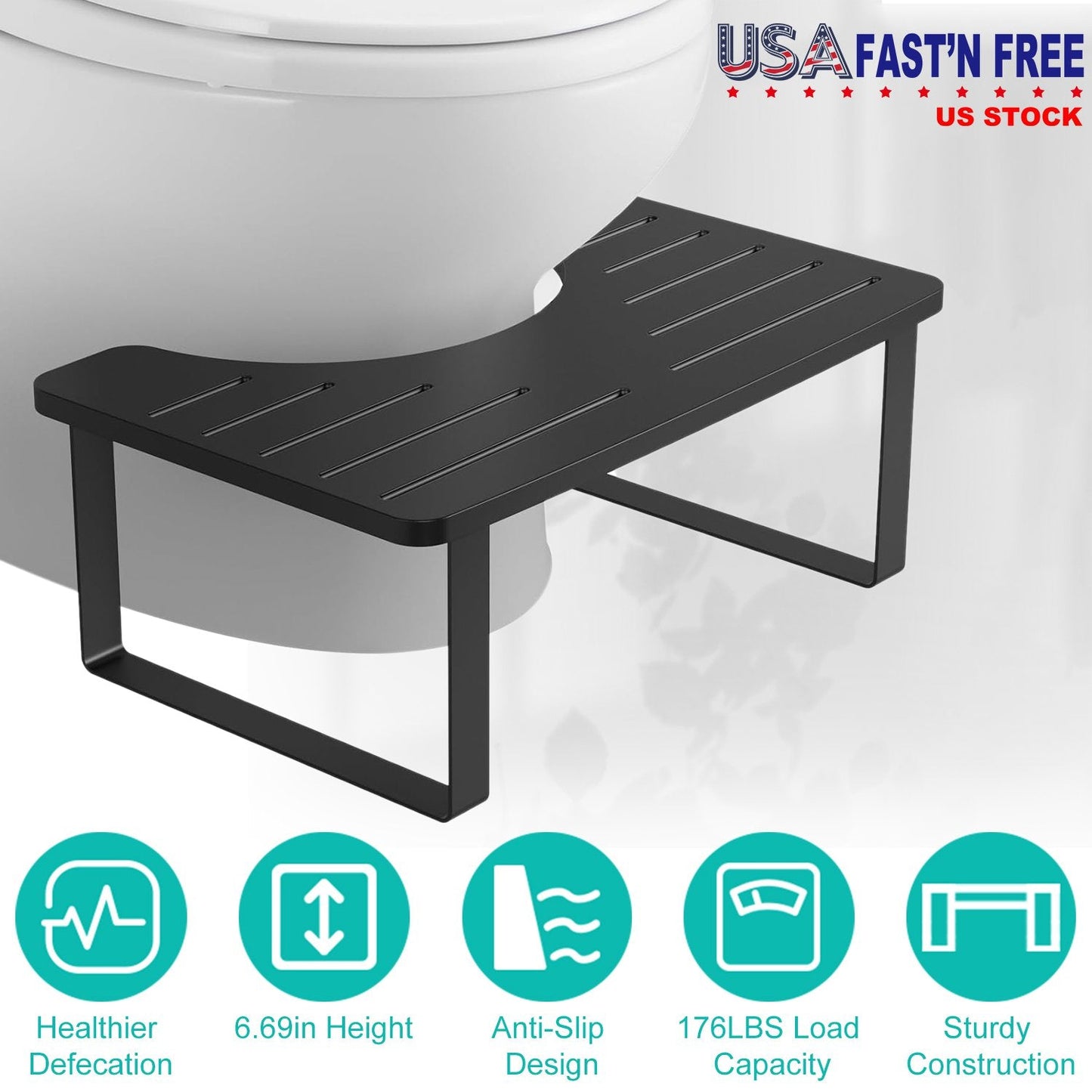 Black bathroom bench with product features on a white background
