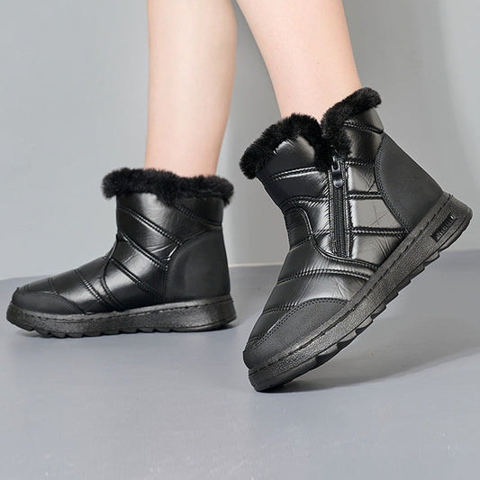 Winter snow boots, black faux-leather with black faux-fur cuff, side zipper, thick platform