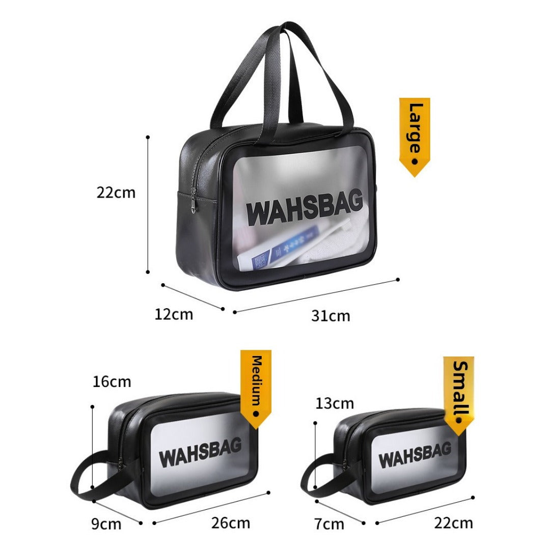 Black frosted translucent washbag set with zipper handles and WAHSBAG label.