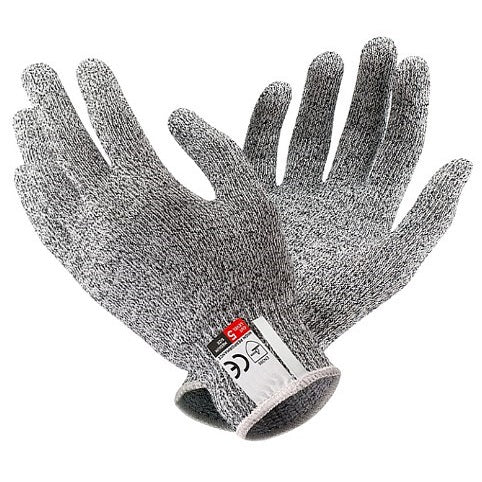 Grey anti-cut glove, single hand-shaped glove with label patch on wrist cuff