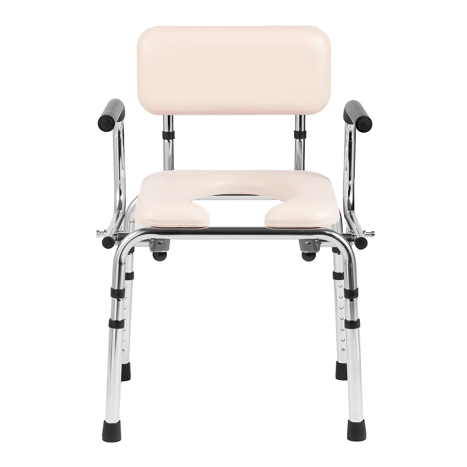 Front view adjustable commode chair with beige padded seat, backrest, and black arm handles
