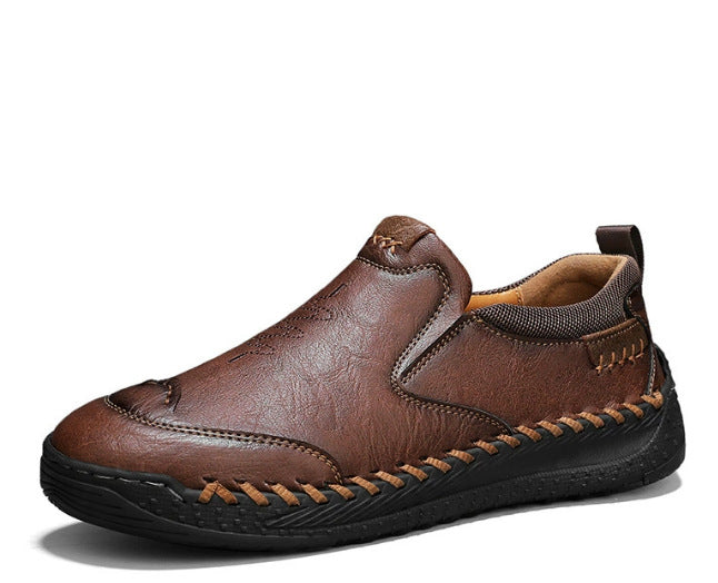 Men's casual shoes, dark brown leather lace-up with stitched panels and rubber sole