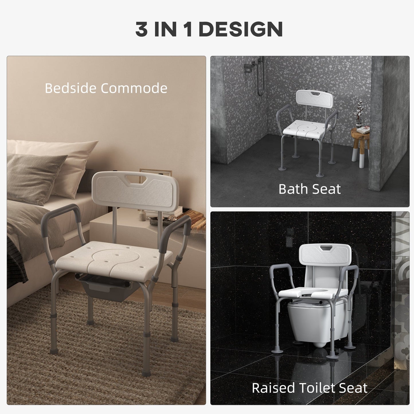 3-in-1 shower chair design showing bedside commode, bath seat, and raised toilet seat