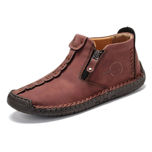 Men's fleece-lined zip-up padded boots, dark brown leather upper, stitched tread sole