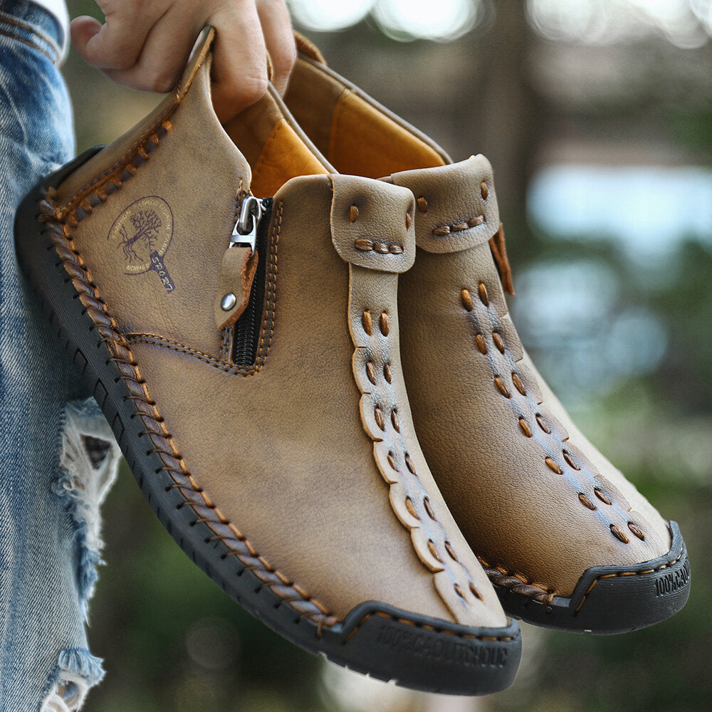 Men's fleece-lined zip-up padded boots, tan leather upper, stitched tread sole
