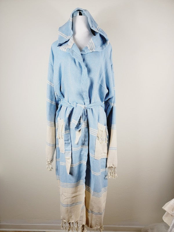 Light blue unisex hooded robe, geometric print, cream striped trim, tie belt and fringed hem