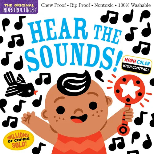 Baby sound effects book cover with smiling baby and colorful musical notes