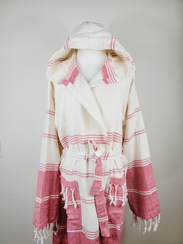 Unisex hooded bathrobe in cream with pink striped pattern, tie belt and front pocket openings.