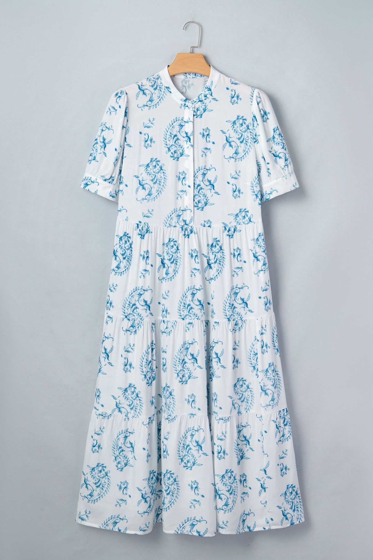 Sky blue floral short sleeve maxi dress with button placket and tiered skirt