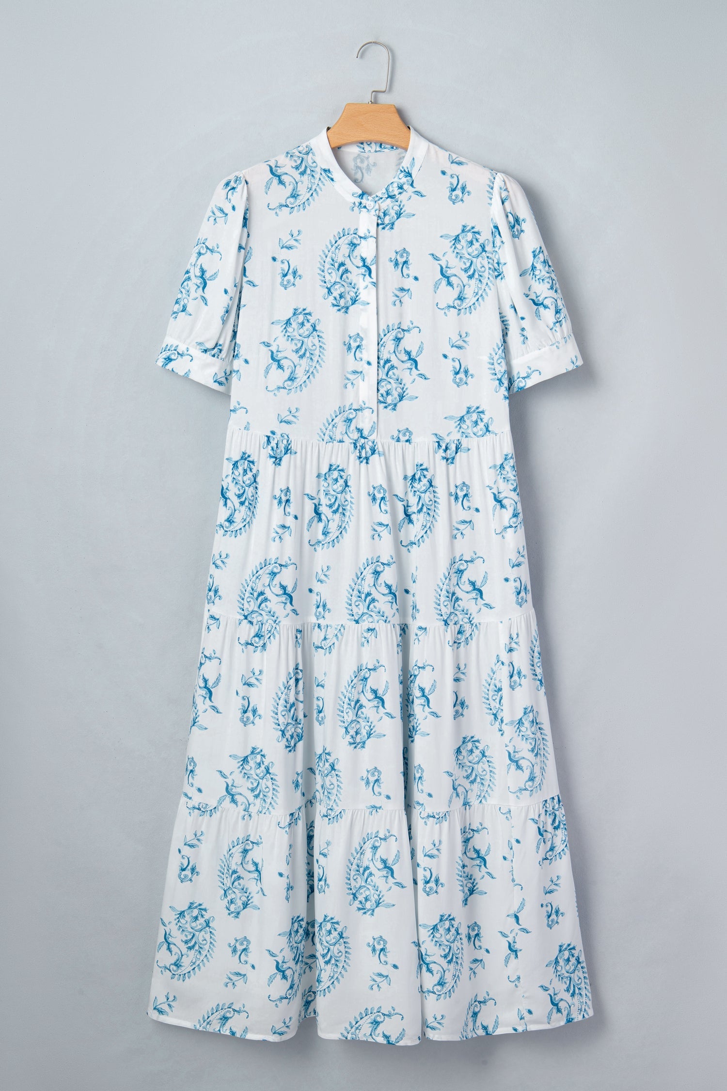 Sky blue floral short sleeve maxi dress with button placket and tiered skirt