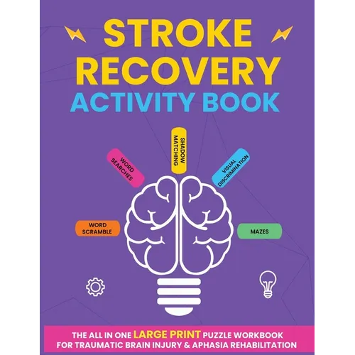 Purple stroke recovery activity book cover with large print title and brain puzzle icons