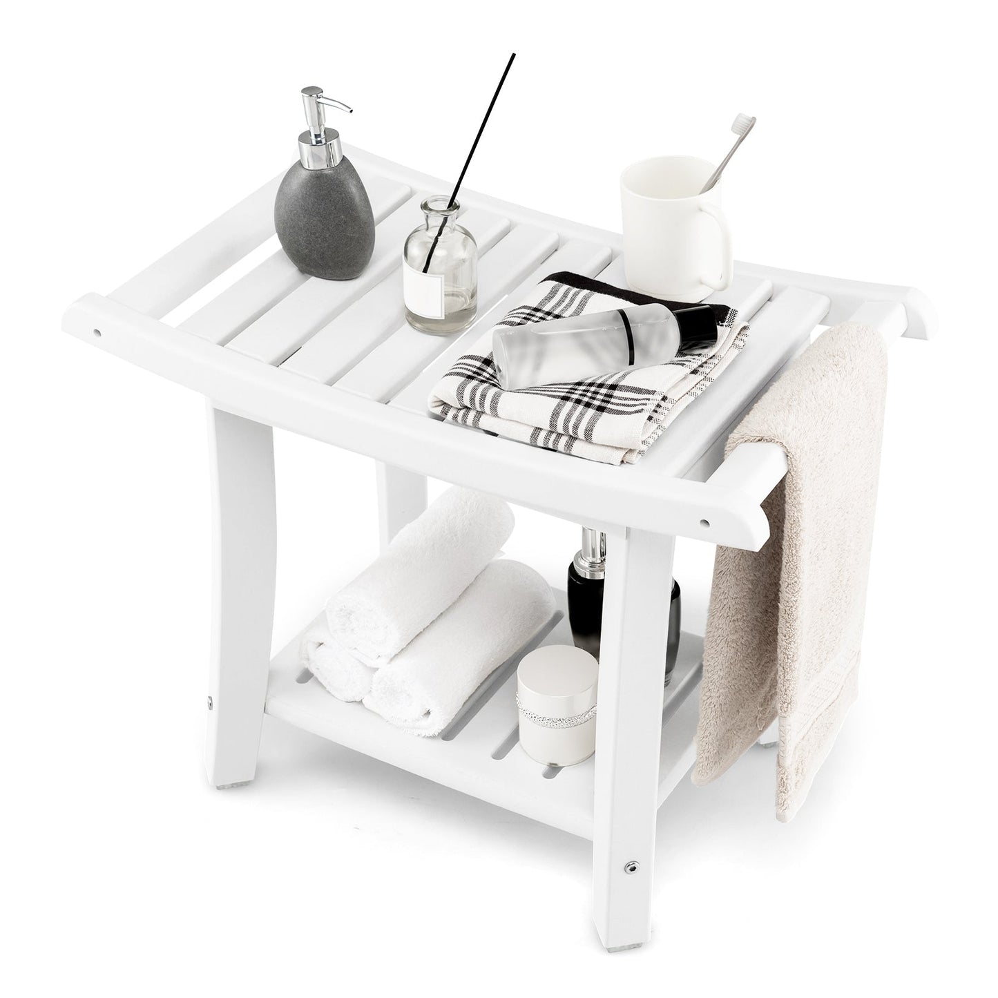 Waterproof Bath Stool with Curved Seat and Storage Shelf LJGDeals