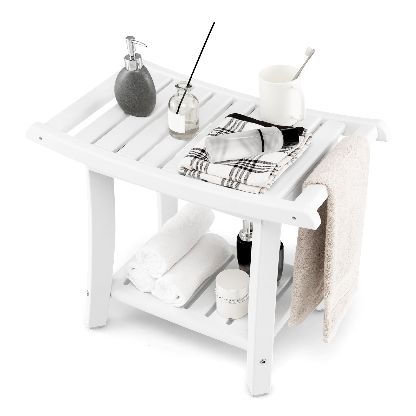 Waterproof Bath Stool with Curved Seat and Storage Shelf LJGDeals