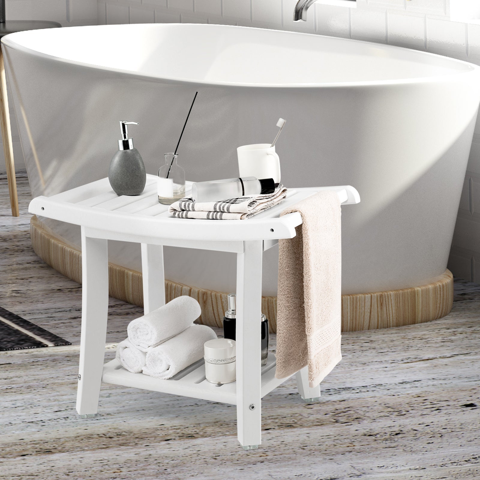 Waterproof Bath Stool with Curved Seat and Storage Shelf LJGDeals