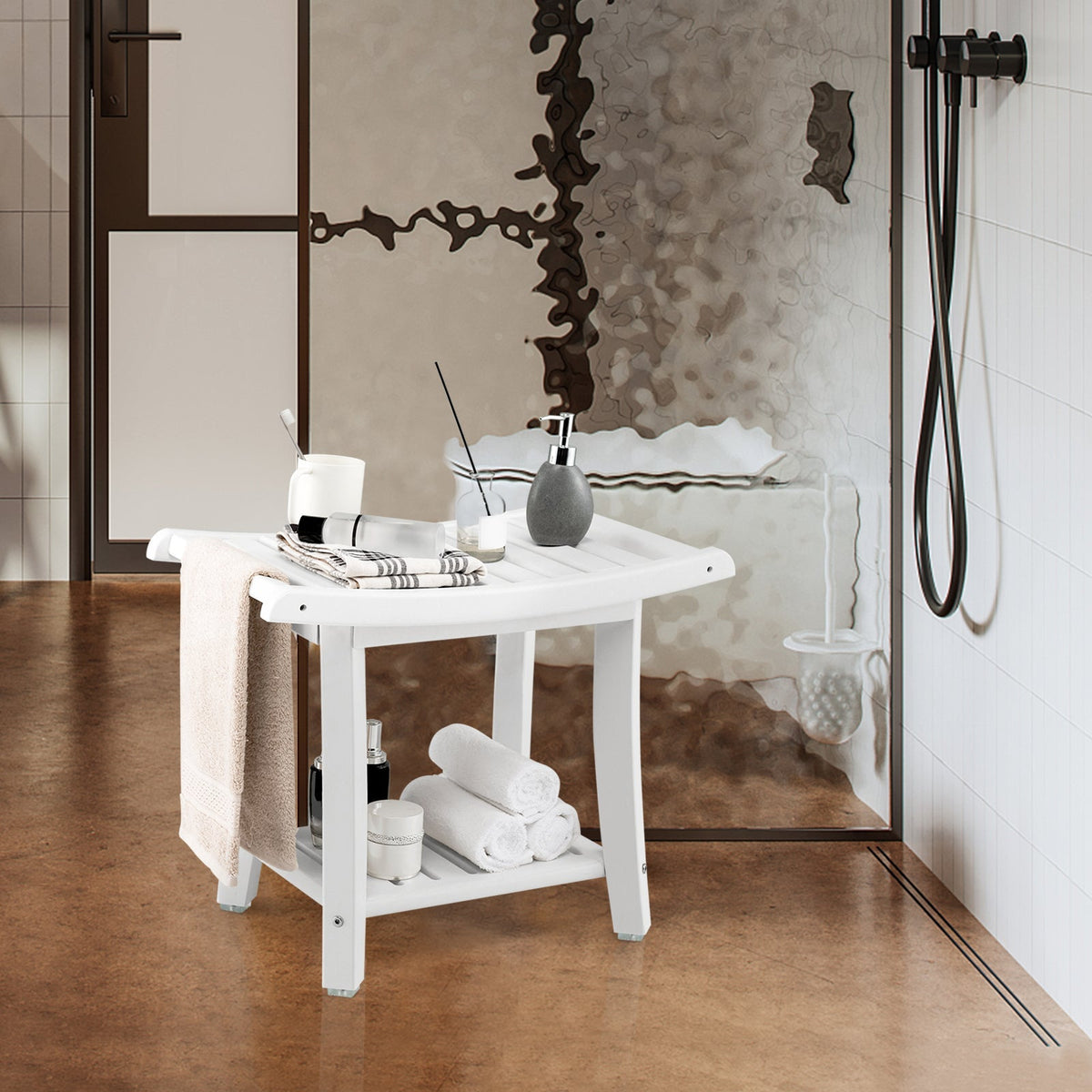 Waterproof Bath Stool with Curved Seat and Storage Shelf LJGDeals