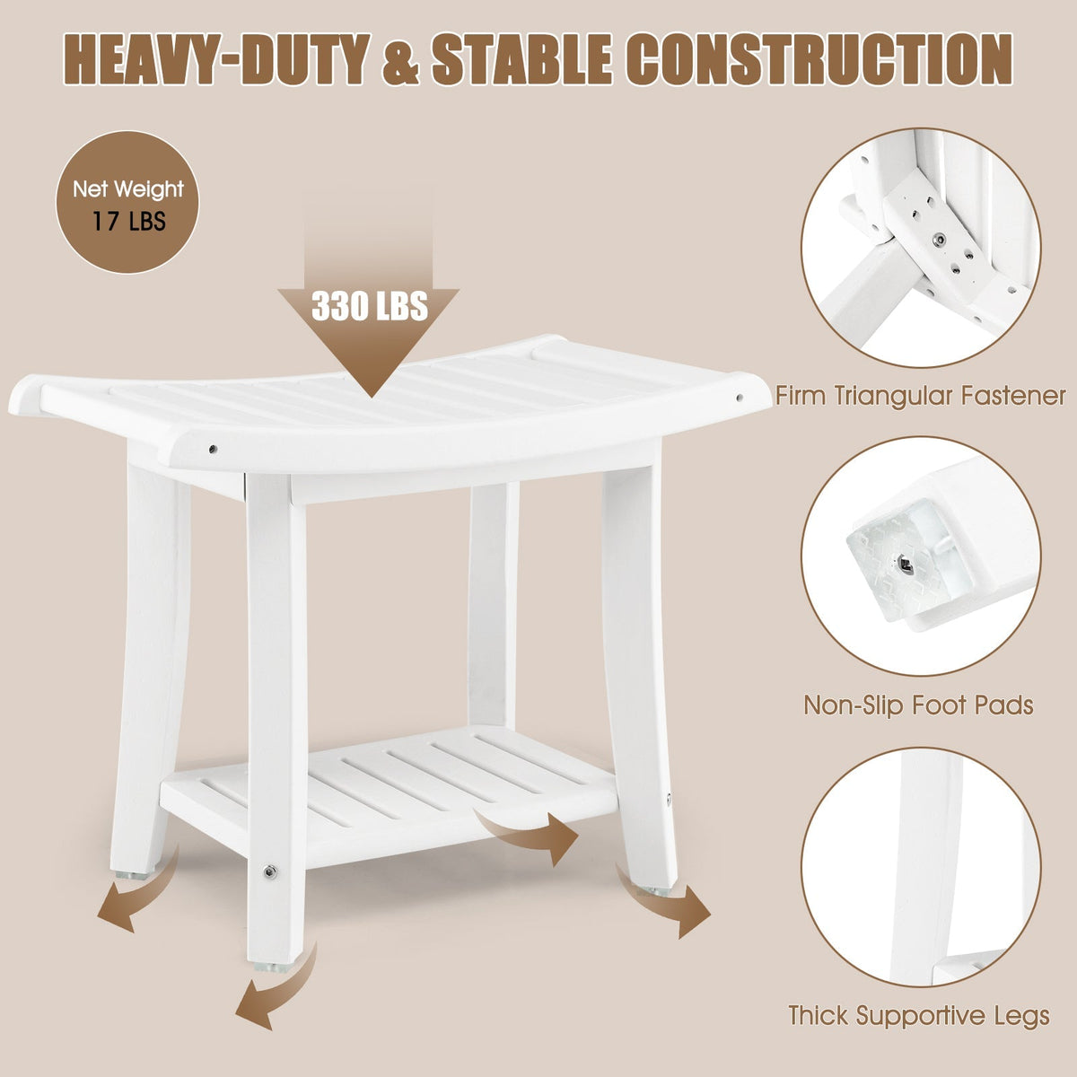 Waterproof Bath Stool with Curved Seat and Storage Shelf LJGDeals