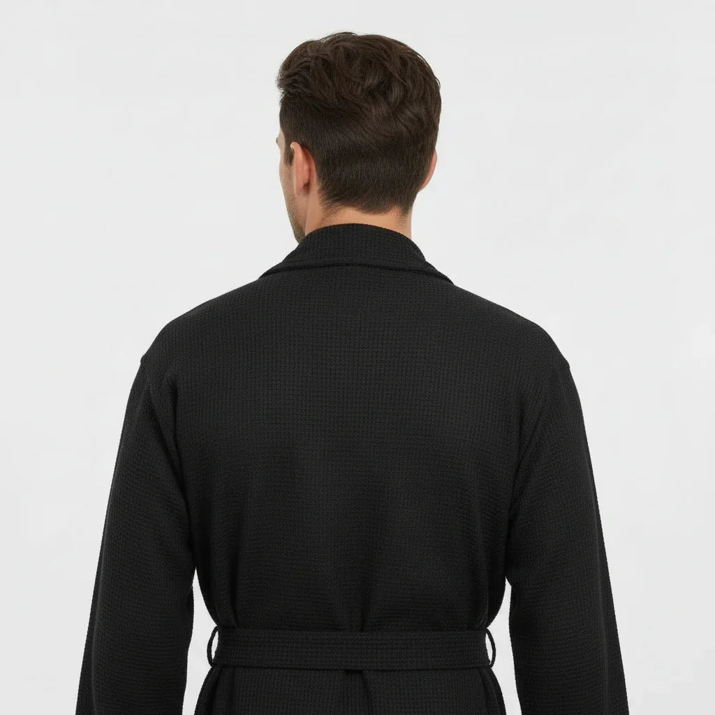 Men's waffle spa bathrobe, black, belted wrap with shawl collar (back view)