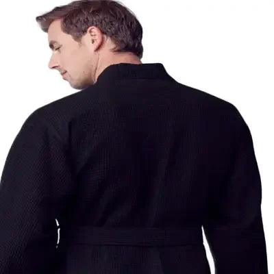 Men's waffle spa bathrobe, black, belted back wrap with shawl collar
