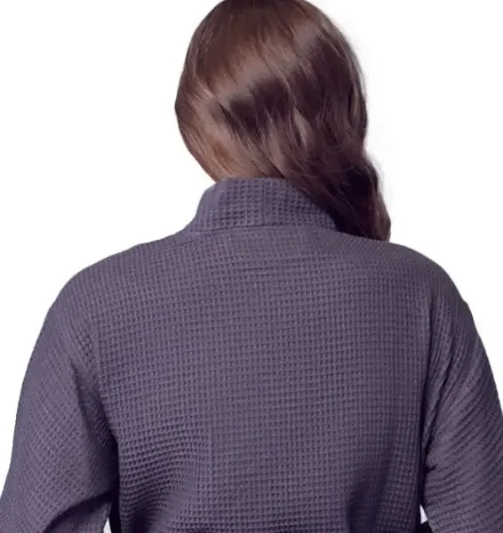 Waffle-texture women’s robe in dark charcoal, back view with V-neck wrap and belt