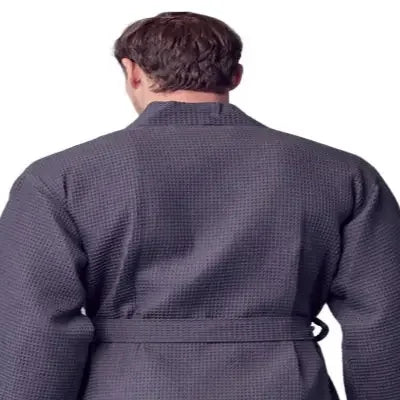 Men's waffle bathrobe back, dark grey waffle texture with tie belt