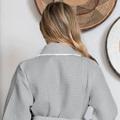 Women’s waffle robe, light gray back view with white piping
